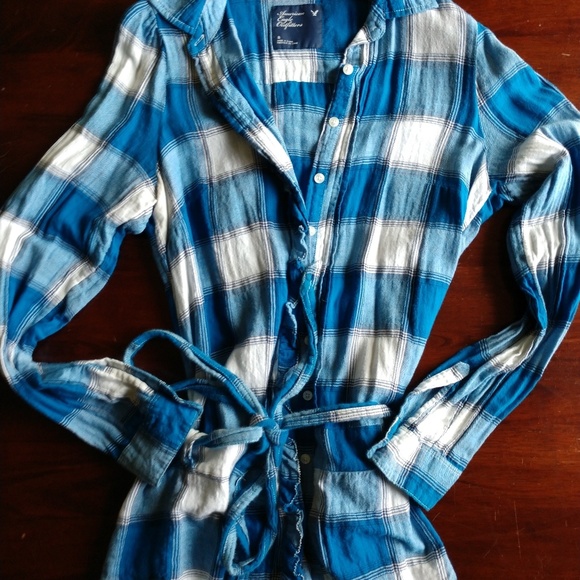 AEO plaid ruffled front shirt with waist tie - Picture 6 of 7